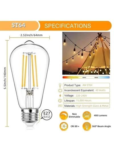 Yuwell Outdoor Waterproof IP65 Led String Lights E27 Holder 15 Meter Bulb Holder Wire With 30 Bulbs 4W ST64 Clear With EU Plug Solar Bulb Holder For Ramadan Decoration Lights And Outdoor Decoration Light Hanging Light 6000mAh & USB-C, String Lights With Remote Control And 8 Modes Ramadan Light With Cable Ties-2