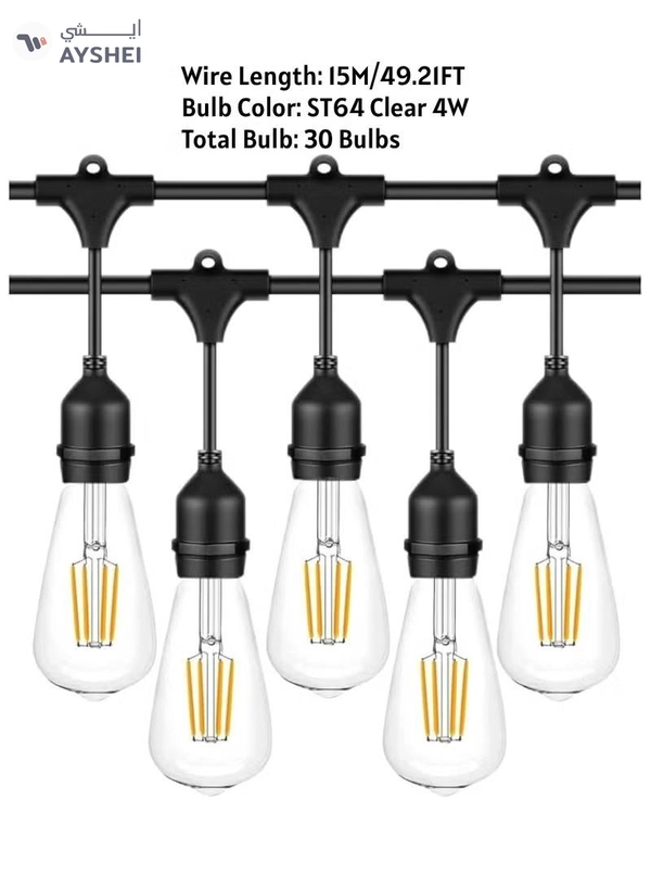 Yuwell Outdoor Waterproof IP65 Led String Lights E27 Holder 15 Meter Bulb Holder Wire With 30 Bulbs 4W ST64 Clear With EU Plug Solar Bulb Holder For Ramadan Decoration Lights And Outdoor Decoration Light Hanging Light 6000mAh & USB-C, String Lights With Remote Control And 8 Modes Ramadan Light With Cable Ties