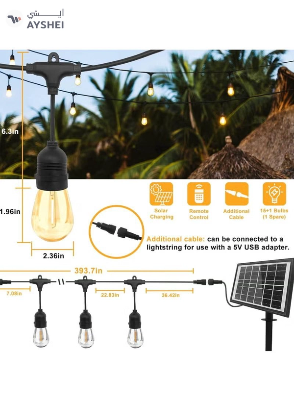 Yuwell Outdoor Waterproof IP65 Led String Lights E27 Holder 15 Meter Bulb Holder Wire With 30 Bulbs 4W ST64 Clear With EU Plug Solar Bulb Holder For Ramadan Decoration Lights And Outdoor Decoration Light Hanging Light 6000mAh & USB-C, String Lights With Remote Control And 8 Modes Ramadan Light With Cable Ties