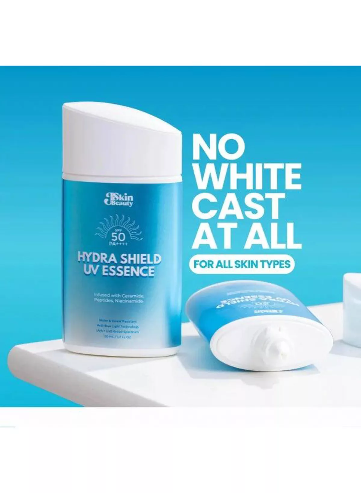 J Skin Beauty Hydra Shield UV Essence SPF 50 PA++++ – Advanced Daily Face Sunscreen with Ceramide, Peptides & Niacinamide, Lightweight Hydrating Texture, Water & Sweat Resistance, Broad-Spectrum UV Protection for Everyday Skincare