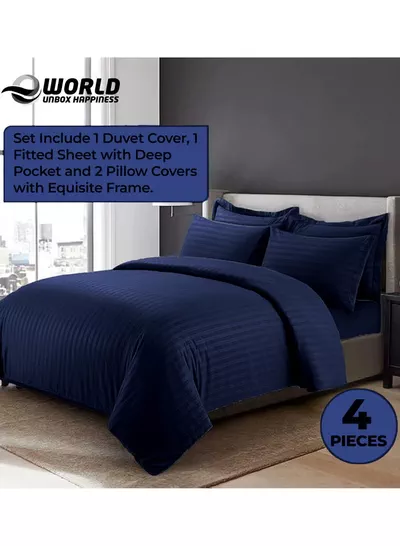 Eworld 4-Piece Luxury King Size Navy Blue Striped Bedding Set Includes 1 Duvet Cover (220x240cm), 1 Fitted Bed Sheet (200x200+30cm), and 2 Pillow Cases (48x74+5cm) for Ultimate Hotel-Inspired Sophistication-2