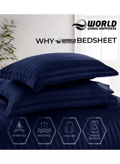 Eworld 4-Piece Luxury King Size Navy Blue Striped Bedding Set Includes 1 Duvet Cover (220x240cm), 1 Fitted Bed Sheet (200x200+30cm), and 2 Pillow Cases (48x74+5cm) for Ultimate Hotel-Inspired Sophistication-5