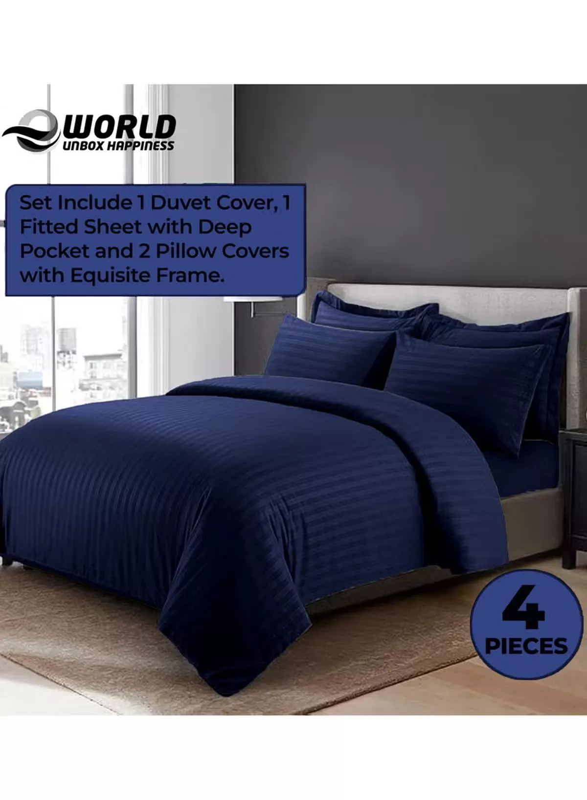 Eworld 4-Piece Luxury King Size Navy Blue Striped Bedding Set Includes 1 Duvet Cover (220x240cm), 1 Fitted Bed Sheet (200x200+30cm), and 2 Pillow Cases (48x74+5cm) for Ultimate Hotel-Inspired Sophistication-2-2