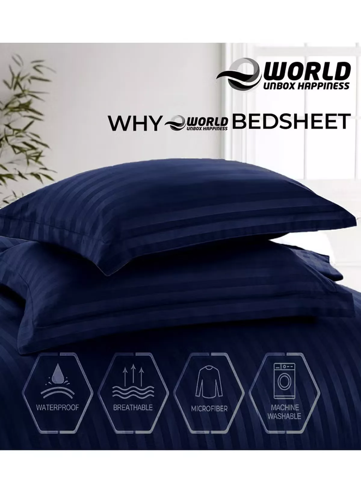 Eworld 4-Piece Luxury King Size Navy Blue Striped Bedding Set Includes 1 Duvet Cover (220x240cm), 1 Fitted Bed Sheet (200x200+30cm), and 2 Pillow Cases (48x74+5cm) for Ultimate Hotel-Inspired Sophistication-5-5