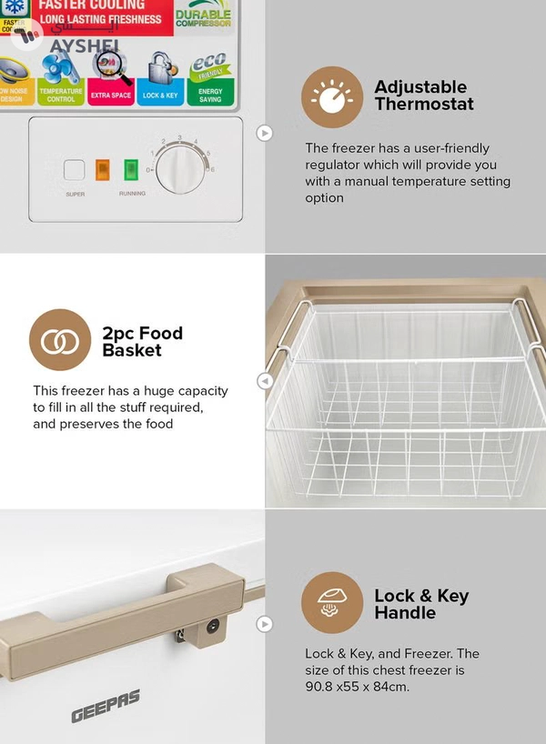 GEEPAS Chest Freezer, Freestanding Chest Freezer | 350L Deep Freezer with Adjustable Thermostat | 2pc Food Basket Included | LED Light | Comes with Lock & Key 350 L GCF3506WAH White