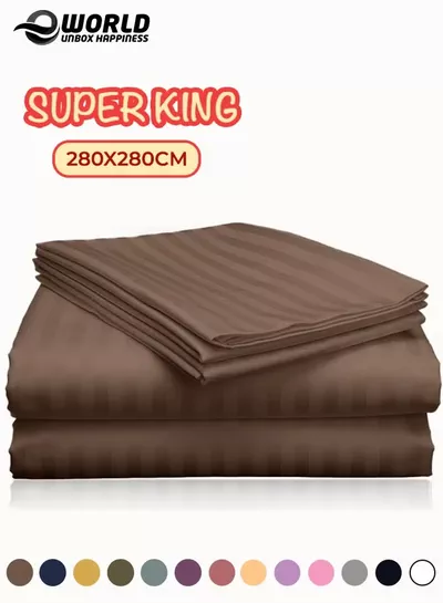 Eworld 3 Piece Super King Brown Striped Bed Sheet Set – Ultra-Soft Microfiber Striped Sheet & 2 Pillowcases, Breathable Luxury Bedding for Home & Hotel Use-0
