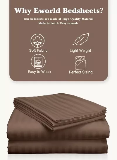 Eworld 3 Piece Super King Brown Striped Bed Sheet Set – Ultra-Soft Microfiber Striped Sheet & 2 Pillowcases, Breathable Luxury Bedding for Home & Hotel Use-1