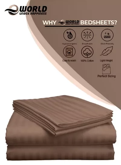Eworld 3 Piece Super King Brown Striped Bed Sheet Set – Ultra-Soft Microfiber Striped Sheet & 2 Pillowcases, Breathable Luxury Bedding for Home & Hotel Use-4