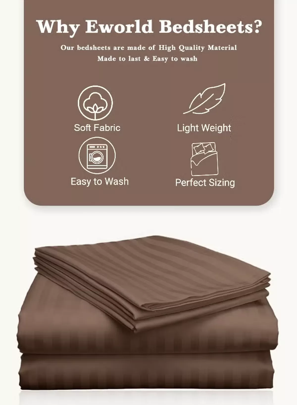 Eworld 3 Piece Super King Brown Striped Bed Sheet Set – Ultra-Soft Microfiber Striped Sheet & 2 Pillowcases, Breathable Luxury Bedding for Home & Hotel Use-1-1