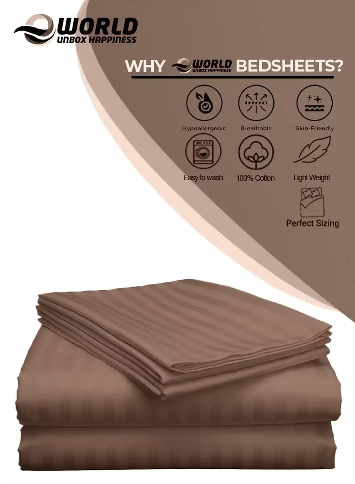 Eworld 3 Piece Super King Brown Striped Bed Sheet Set – Ultra-Soft Microfiber Striped Sheet & 2 Pillowcases, Breathable Luxury Bedding for Home & Hotel Use-4-4