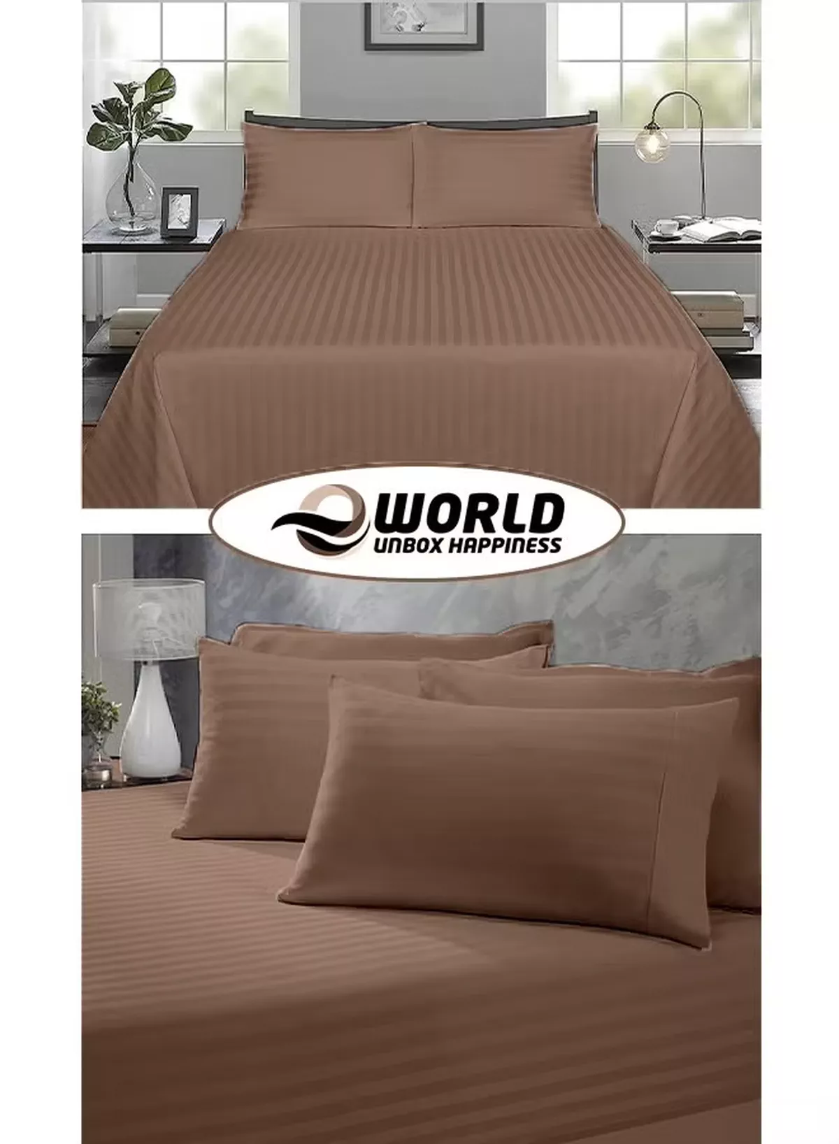 Eworld 3 Piece Super King Brown Striped Bed Sheet Set – Ultra-Soft Microfiber Striped Sheet & 2 Pillowcases, Breathable Luxury Bedding for Home & Hotel Use-5-5