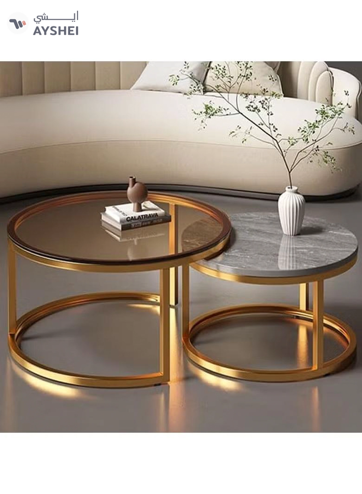 DubaiGallery Round Side Tables, Stylish Round Nesting Coffee Tables Set of 2 with Marble Texture and Metal Frame - Perfect for Small Spaces and Modern Decor-2-2