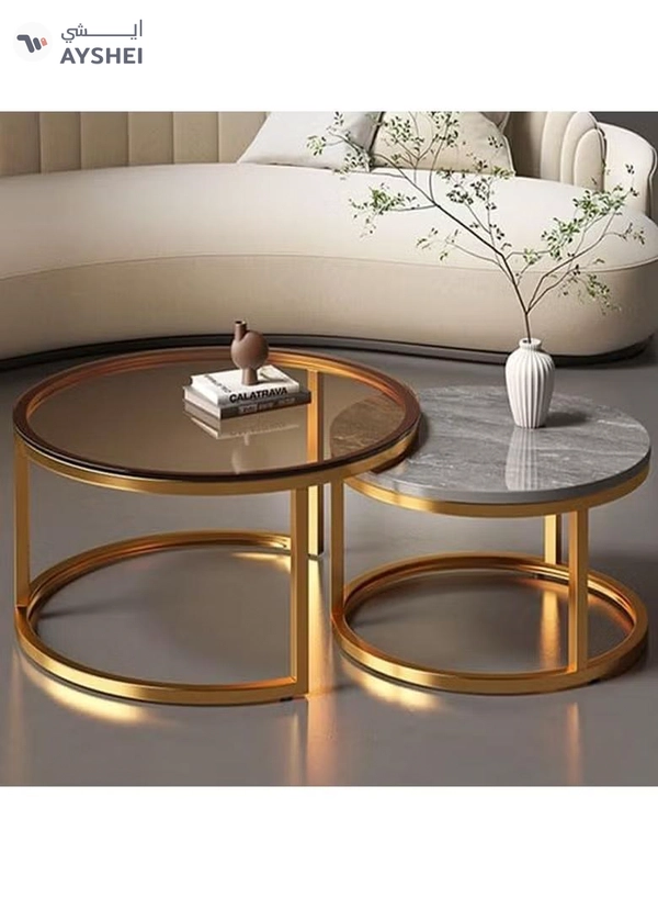 DubaiGallery Round Side Tables, Stylish Round Nesting Coffee Tables Set of 2 with Marble Texture and Metal Frame - Perfect for Small Spaces and Modern Decor