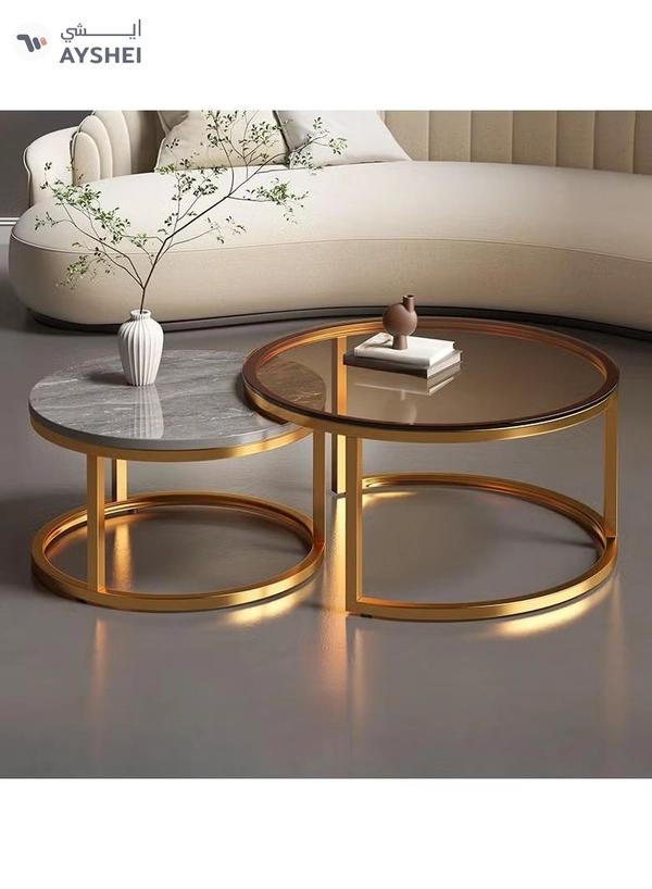 DubaiGallery Round Side Tables, Stylish Round Nesting Coffee Tables Set of 2 with Marble Texture and Metal Frame - Perfect for Small Spaces and Modern Decor