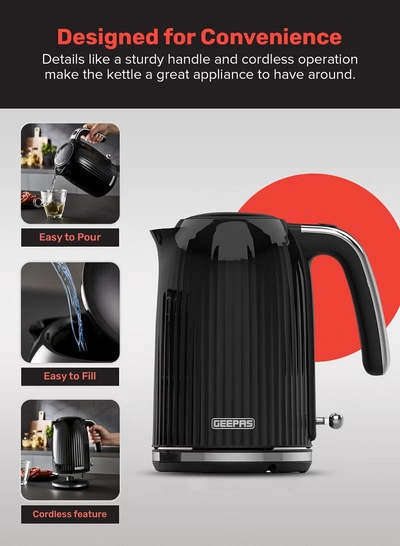 GEEPAS 1.7 L Fluted Jug Kettle 360-Degrees Rotation, Boil Dry Protection and Automatic Cut-Off/ Perfect for Boiling Water, Milk, Tea/ Removable and Washable Filter 1.7 L 3000 W GK38068UK-BK Black-3