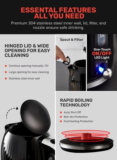 GEEPAS 1.7 L Fluted Jug Kettle 360-Degrees Rotation, Boil Dry Protection and Automatic Cut-Off/ Perfect for Boiling Water, Milk, Tea/ Removable and Washable Filter 1.7 L 3000 W GK38068UK-BK Black-2