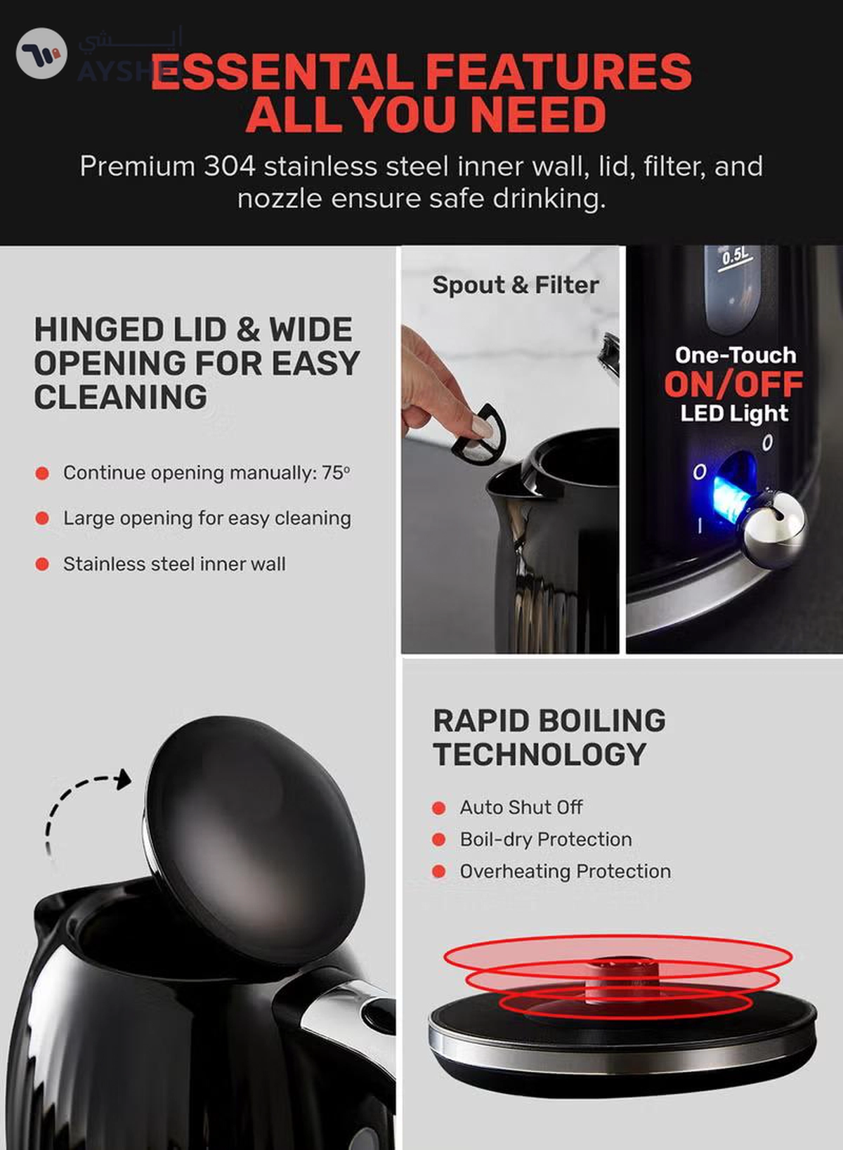GEEPAS 1.7 L Fluted Jug Kettle 360-Degrees Rotation, Boil Dry Protection and Automatic Cut-Off/ Perfect for Boiling Water, Milk, Tea/ Removable and Washable Filter 1.7 L 3000 W GK38068UK-BK Black-2-2