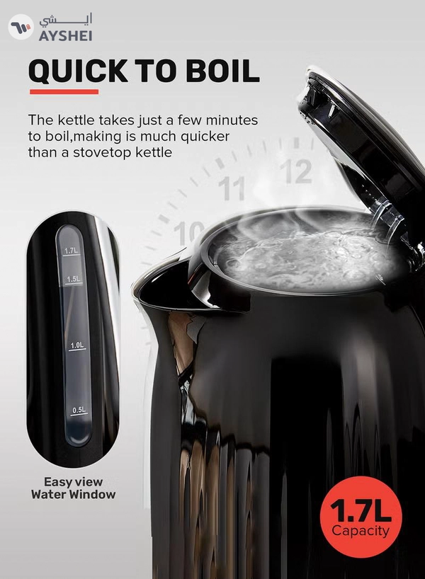 GEEPAS 1.7 L Fluted Jug Kettle 360-Degrees Rotation, Boil Dry Protection and Automatic Cut-Off/ Perfect for Boiling Water, Milk, Tea/ Removable and Washable Filter 1.7 L 3000 W GK38068UK-BK Black