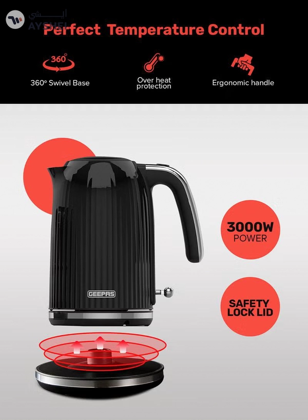 GEEPAS 1.7 L Fluted Jug Kettle 360-Degrees Rotation, Boil Dry Protection and Automatic Cut-Off/ Perfect for Boiling Water, Milk, Tea/ Removable and Washable Filter 1.7 L 3000 W GK38068UK-BK Black