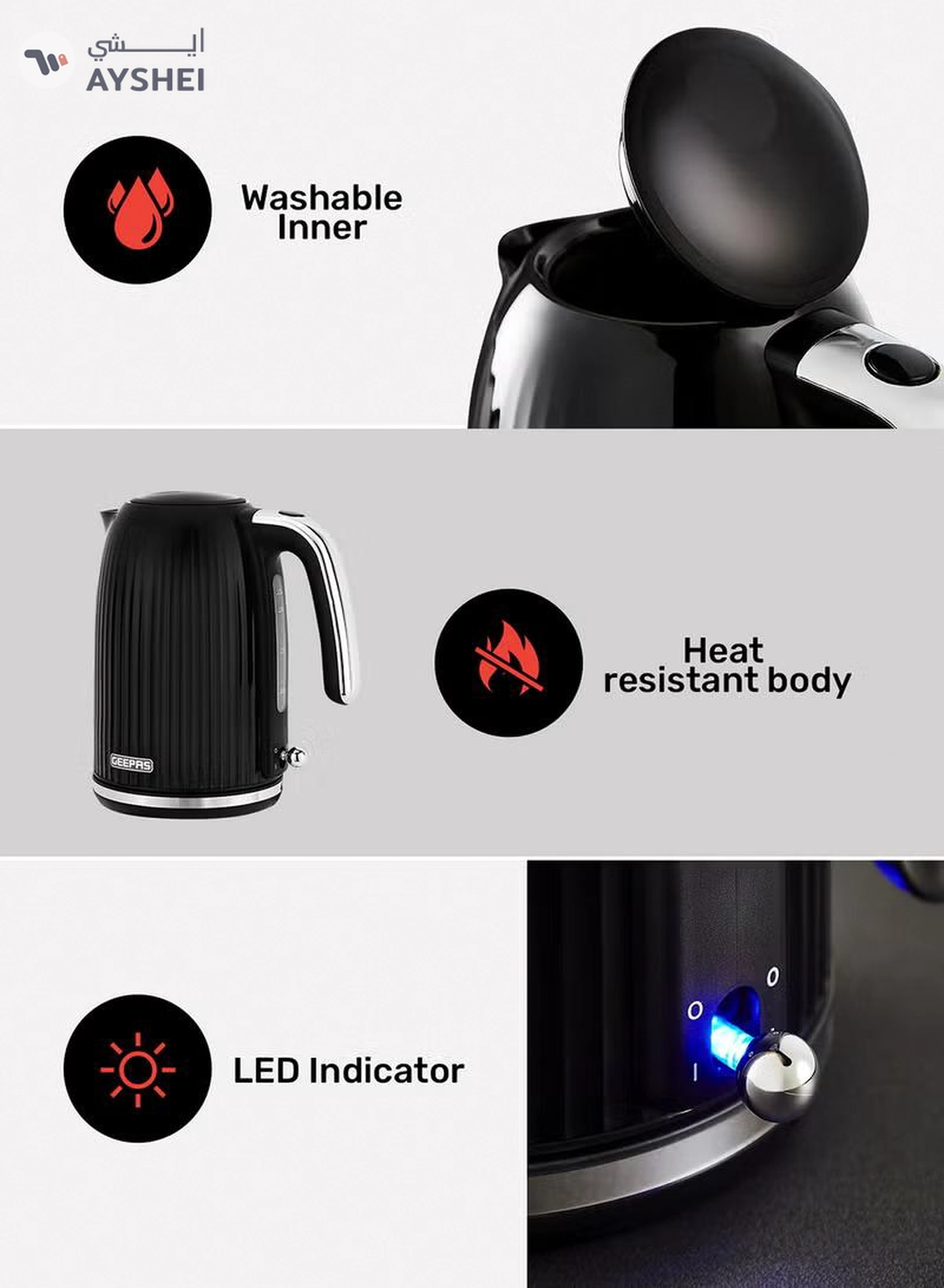 GEEPAS 1.7 L Fluted Jug Kettle 360-Degrees Rotation, Boil Dry Protection and Automatic Cut-Off/ Perfect for Boiling Water, Milk, Tea/ Removable and Washable Filter 1.7 L 3000 W GK38068UK-BK Black-4-4