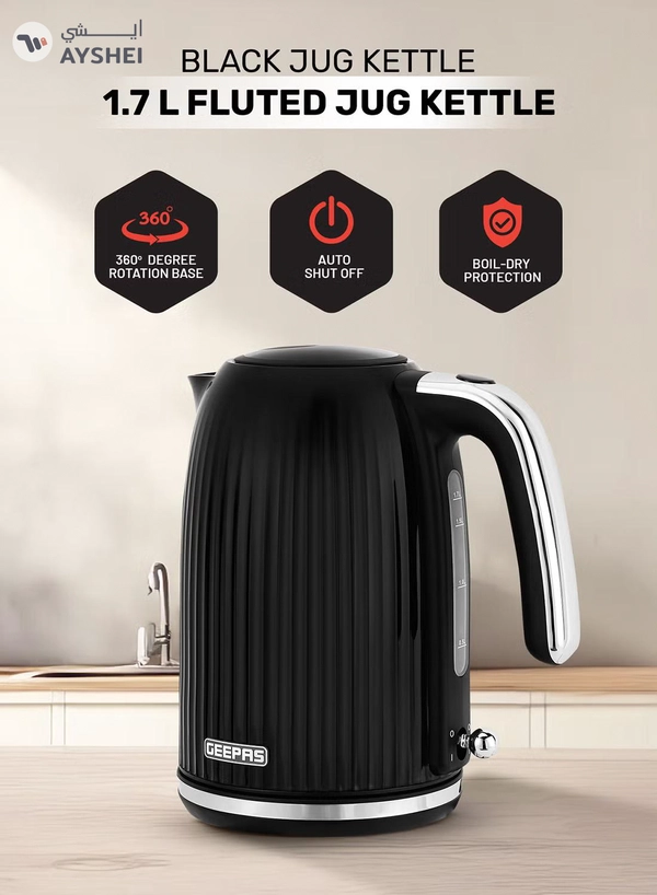 GEEPAS 1.7 L Fluted Jug Kettle 360-Degrees Rotation, Boil Dry Protection and Automatic Cut-Off/ Perfect for Boiling Water, Milk, Tea/ Removable and Washable Filter 1.7 L 3000 W GK38068UK-BK Black
