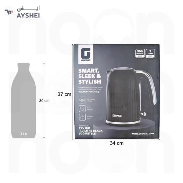 GEEPAS 1.7 L Fluted Jug Kettle 360-Degrees Rotation, Boil Dry Protection and Automatic Cut-Off/ Perfect for Boiling Water, Milk, Tea/ Removable and Washable Filter 1.7 L 3000 W GK38068UK-BK Black