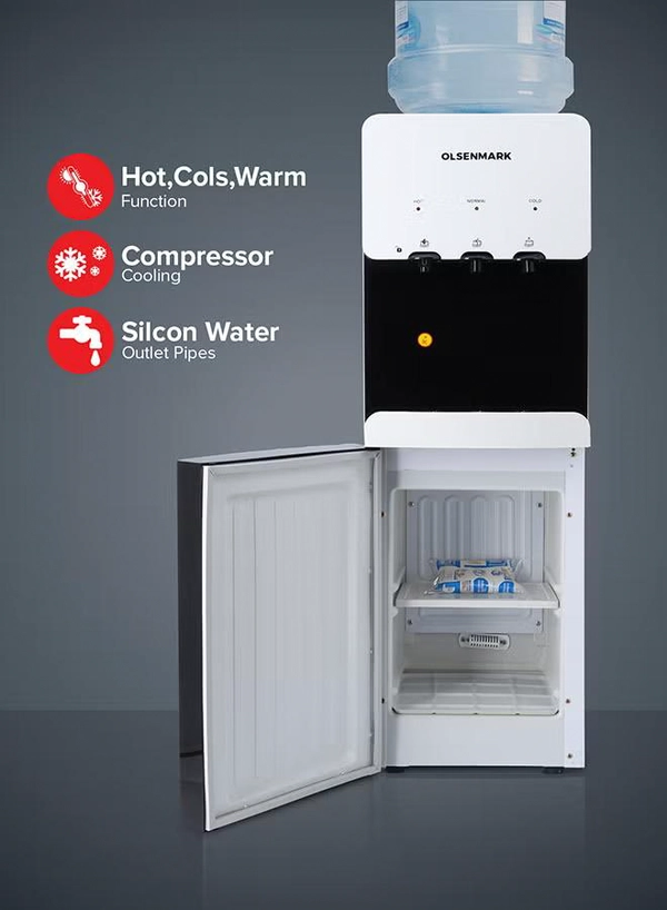 Olsenmark Water Dispenser with Refrigerator, Hot- Cold- Warm Function, OMWD1629 , Cold Temperature: 6-10C - Hot Temperature: <95C - ABS + Iron Side Panel - Heating Power 500W OMWD1629 White