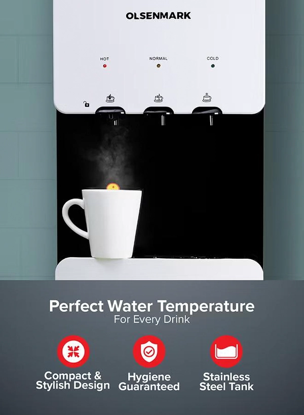 Olsenmark Water Dispenser with Refrigerator, Hot- Cold- Warm Function, OMWD1629 , Cold Temperature: 6-10C - Hot Temperature: <95C - ABS + Iron Side Panel - Heating Power 500W OMWD1629 White