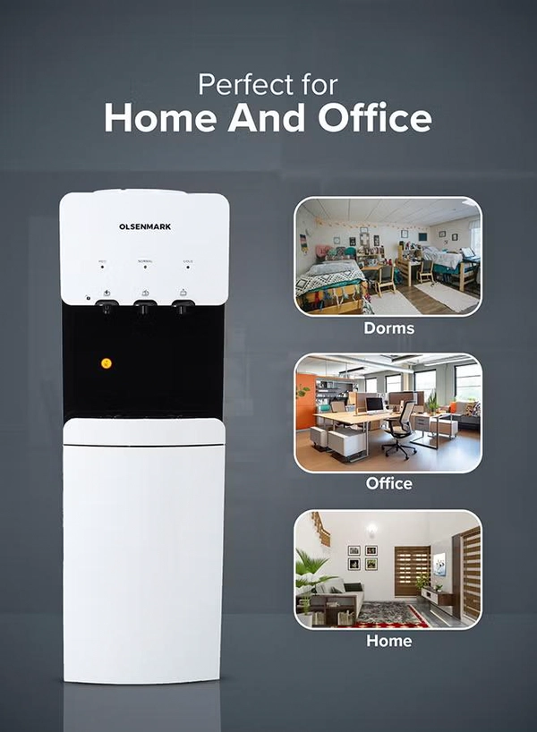 Olsenmark Water Dispenser with Refrigerator, Hot- Cold- Warm Function, OMWD1629 , Cold Temperature: 6-10C - Hot Temperature: <95C - ABS + Iron Side Panel - Heating Power 500W OMWD1629 White