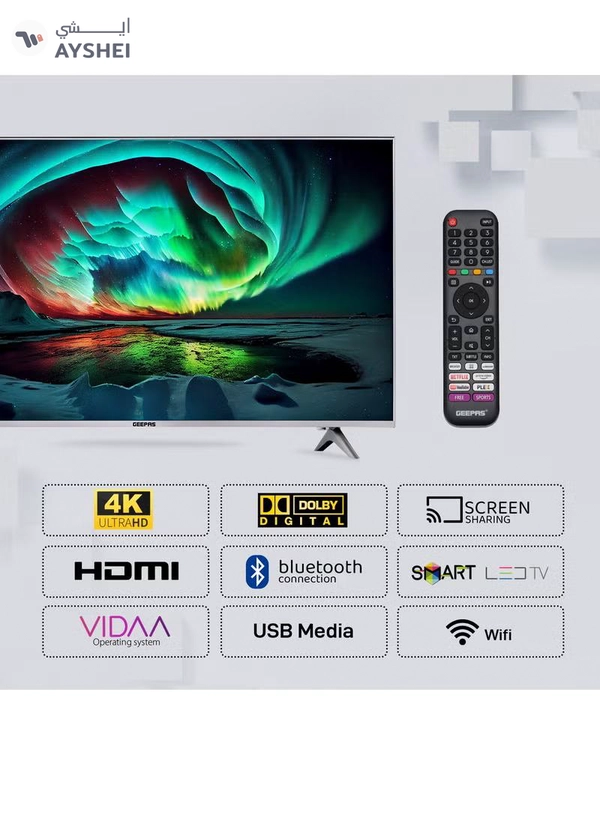 Geepas 50- Inch VIDAA 4K Ultra HD Smart TV Frameless Design and Matte Silver Finish Pre Installed Apps Bluetooth Connectivity and Screen Sharing Dolby Digital