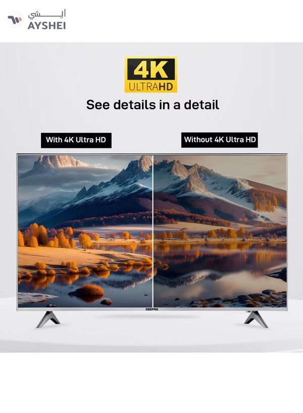 Geepas 50- Inch VIDAA 4K Ultra HD Smart TV Frameless Design and Matte Silver Finish Pre Installed Apps Bluetooth Connectivity and Screen Sharing Dolby Digital