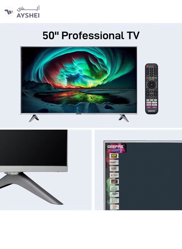 Geepas 50- Inch VIDAA 4K Ultra HD Smart TV Frameless Design and Matte Silver Finish Pre Installed Apps Bluetooth Connectivity and Screen Sharing Dolby Digital