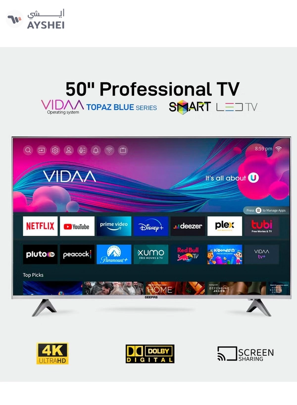 Geepas 50- Inch VIDAA 4K Ultra HD Smart TV Frameless Design and Matte Silver Finish Pre Installed Apps Bluetooth Connectivity and Screen Sharing Dolby Digital