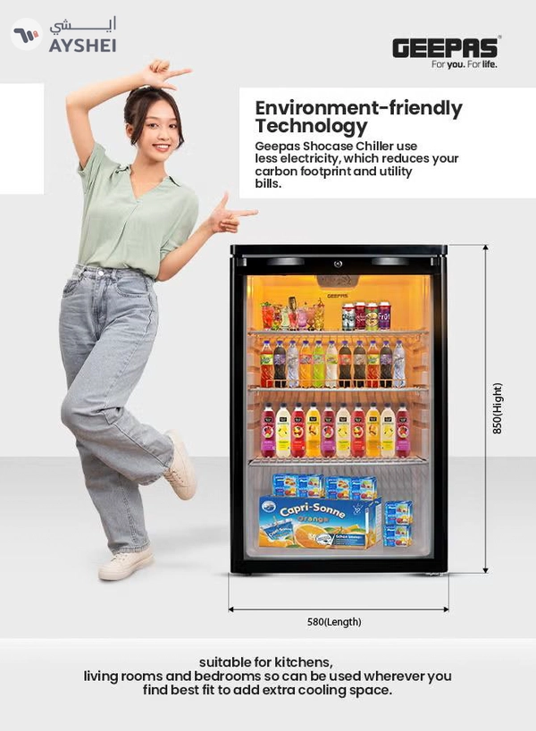 GEEPAS CFC Free Showcase Chiller with Compact Handle and Adjustable Thermostat 165 L 550 W GSC1601BE Black