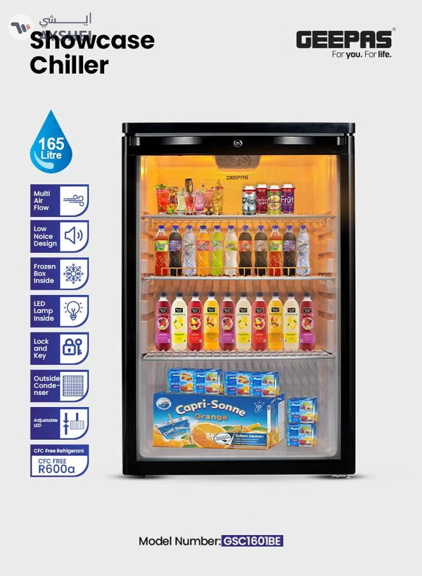 GEEPAS CFC Free Showcase Chiller with Compact Handle and Adjustable Thermostat 165 L 550 W GSC1601BE Black