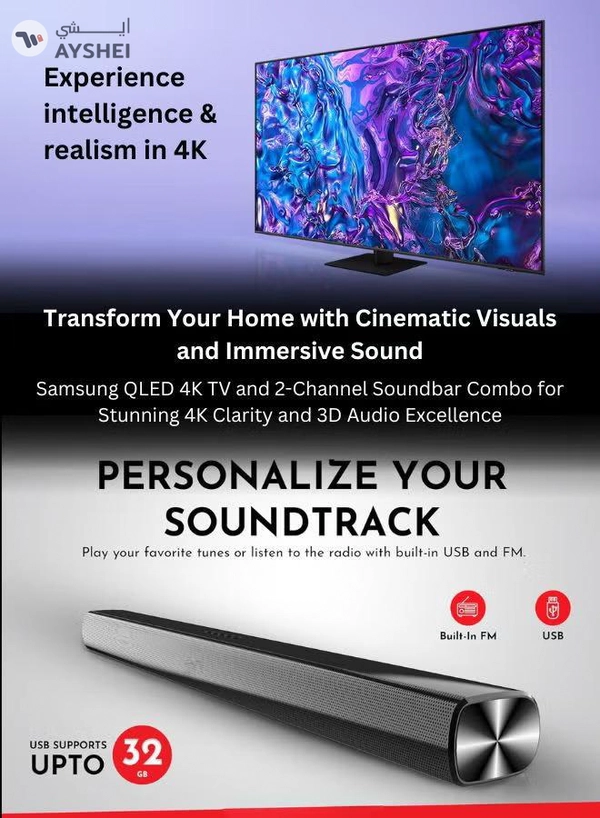 Samsung 65-Inch QLED 4K Q70D Tizen OS Smart TV with 4K AI Upscaling, Quantum Dot, AirSlim Design With 2.0 Channel Soundbar 30W, HDMI ARC, Bluetooth, USB, MP3, FM Station 65Q70D+SOUNDBAR Grey