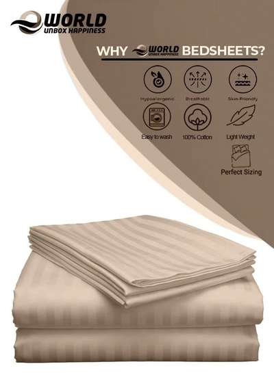 Eworld 3 Piece Luxury Cream Striped Bed Sheet Set with 1 Deep Pocket Fitted Sheet and 2 Pillowcases-3