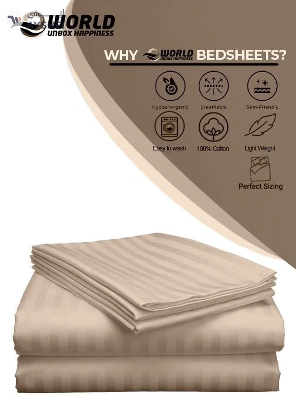 Eworld 3 Piece Luxury Cream Striped Bed Sheet Set with 1 Deep Pocket Fitted Sheet and 2 Pillowcases