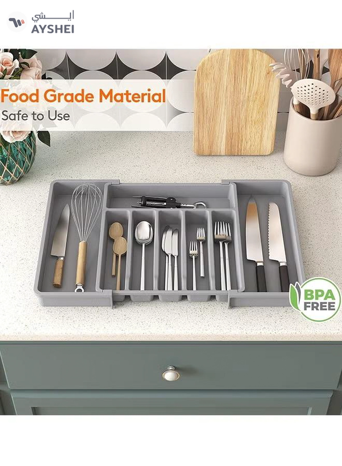 Eworld Large Capacity Expandable Silverware Drawer Organizer, BPA-Free Cutlery Tray for Kitchen-6-6
