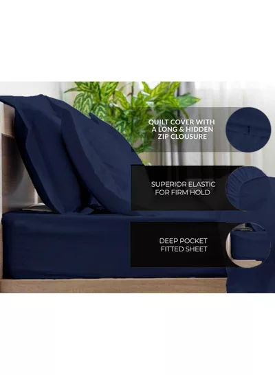 6-Piece Premium King Size Bedding Set, Navy Blue Striped Design and High-Quality Microfiber Hotel Luxury Bedsheet Soft Quilt Cover and Pillowcases-3