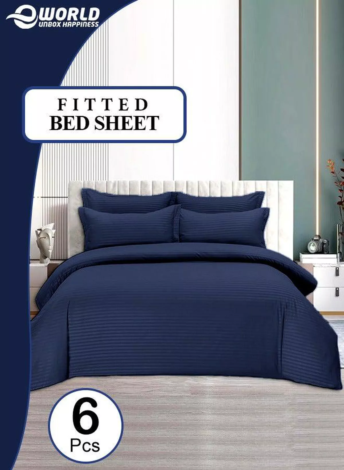 6-Piece Premium King Size Bedding Set, Navy Blue Striped Design and High-Quality Microfiber Hotel Luxury Bedsheet Soft Quilt Cover and Pillowcases