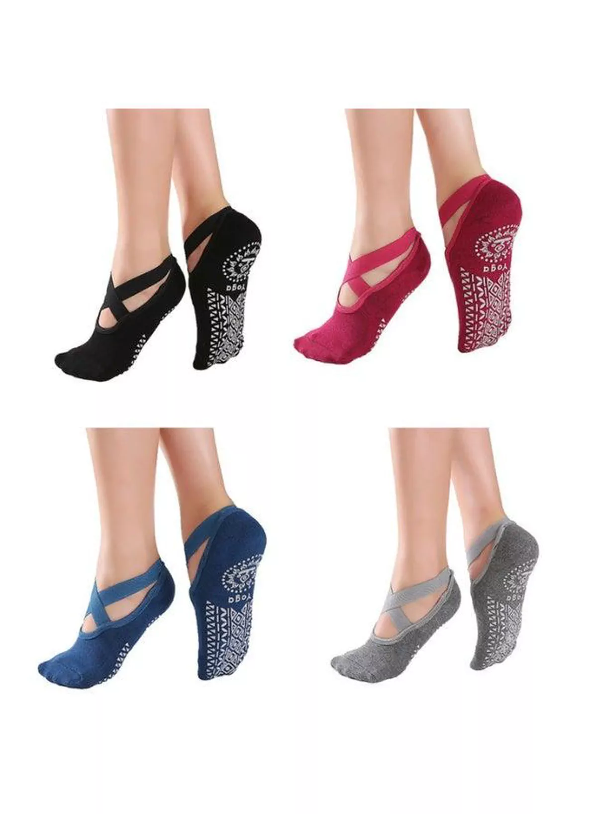 Women’s Breathable Non-Slip Yoga Socks with Cross Strap Design, Pilates Grip Socks, Soft Ballet Dance Ankle Socks with Printed Traction Sole for Barre, Gym, Fitness, Exercise, Training, Stretching and Home Workouts