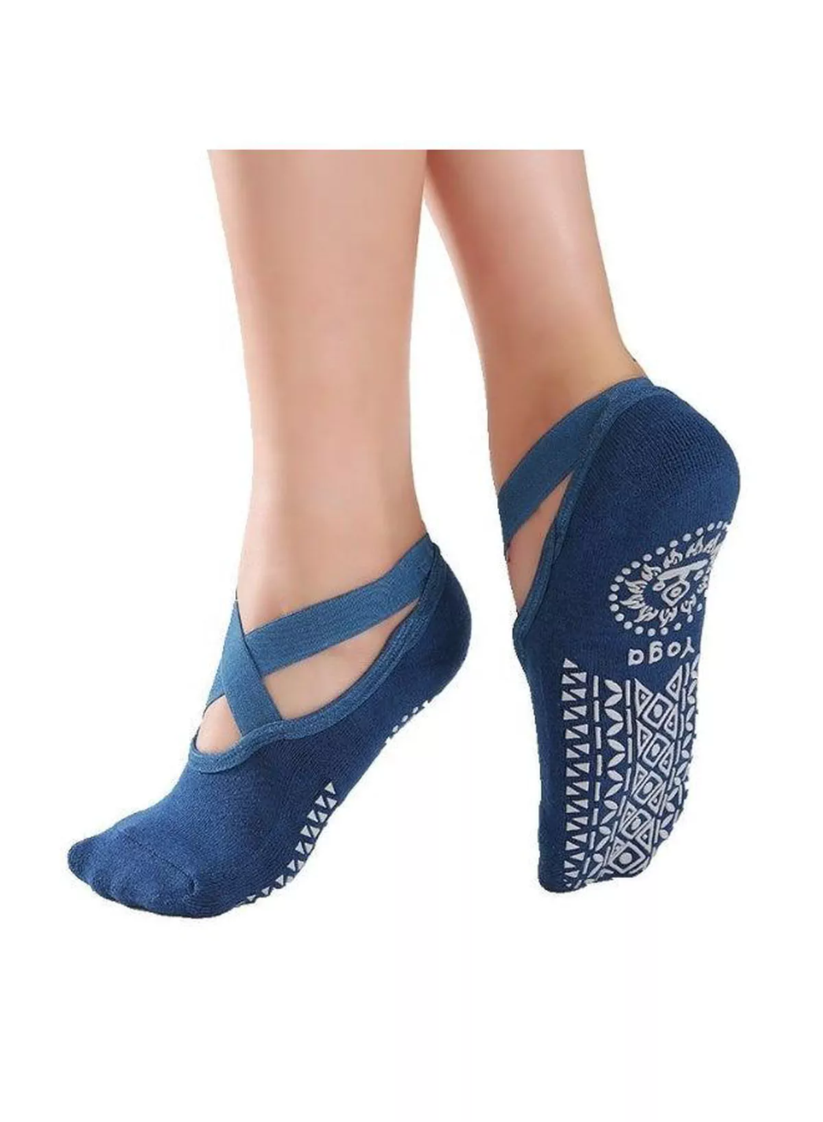 Women’s Breathable Non-Slip Yoga Socks with Cross Strap Design, Pilates Grip Socks, Soft Ballet Dance Ankle Socks with Printed Traction Sole for Barre, Gym, Fitness, Exercise, Training, Stretching and Home Workouts-5-5