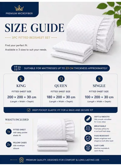 3-Piece Printed Microfiber Fitted Bed Sheet Set – 1 Fitted Sheet & 2 Pillow Covers | Mini Check Print, Soft, Breathable & Hotel Quality Comfort | Available in King, Queen and Single Sizes-2