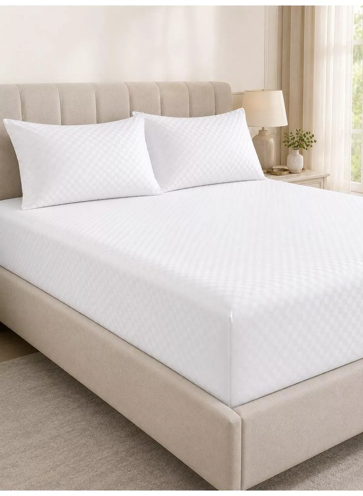 3-Piece Printed Microfiber Fitted Bed Sheet Set – 1 Fitted Sheet & 2 Pillow Covers | Mini Check Print, Soft, Breathable & Hotel Quality Comfort | Available in King, Queen and Single Sizes