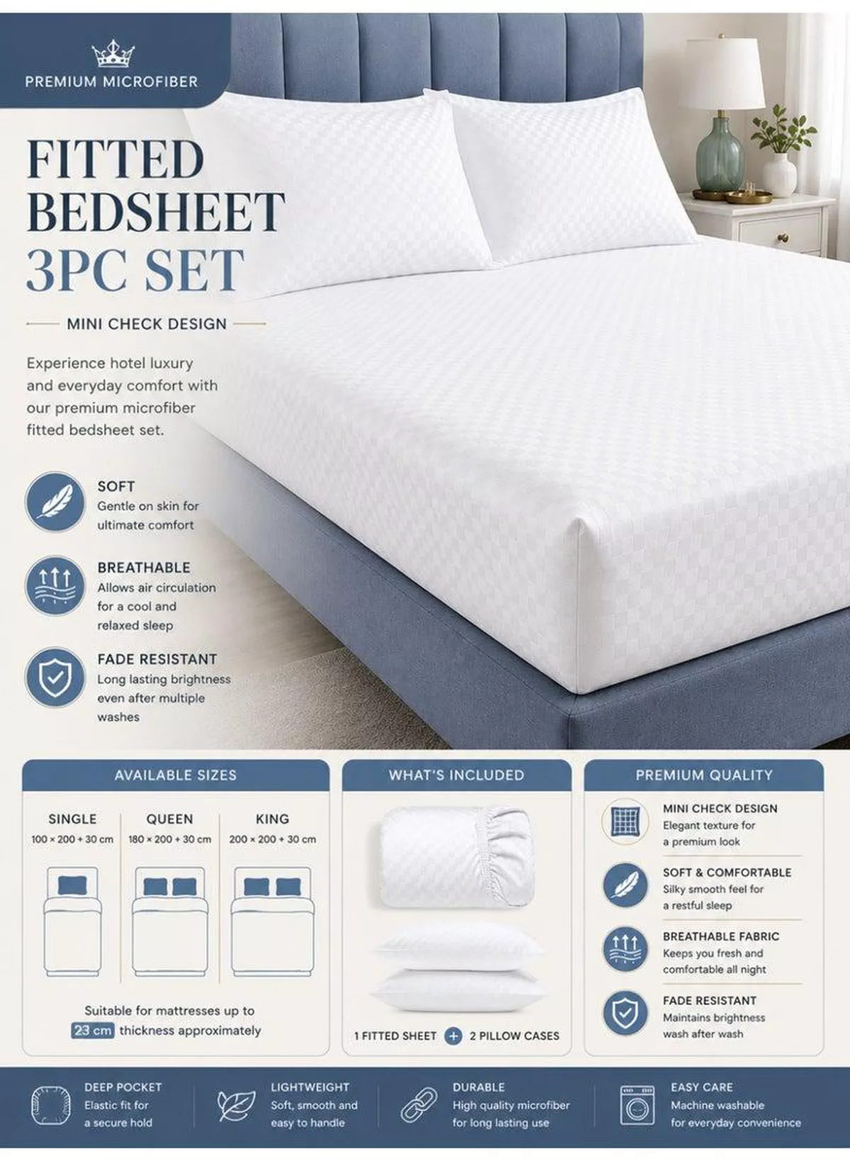 3-Piece Printed Microfiber Fitted Bed Sheet Set – 1 Fitted Sheet & 2 Pillow Covers | Mini Check Print, Soft, Breathable & Hotel Quality Comfort | Available in King, Queen and Single Sizes-1-1