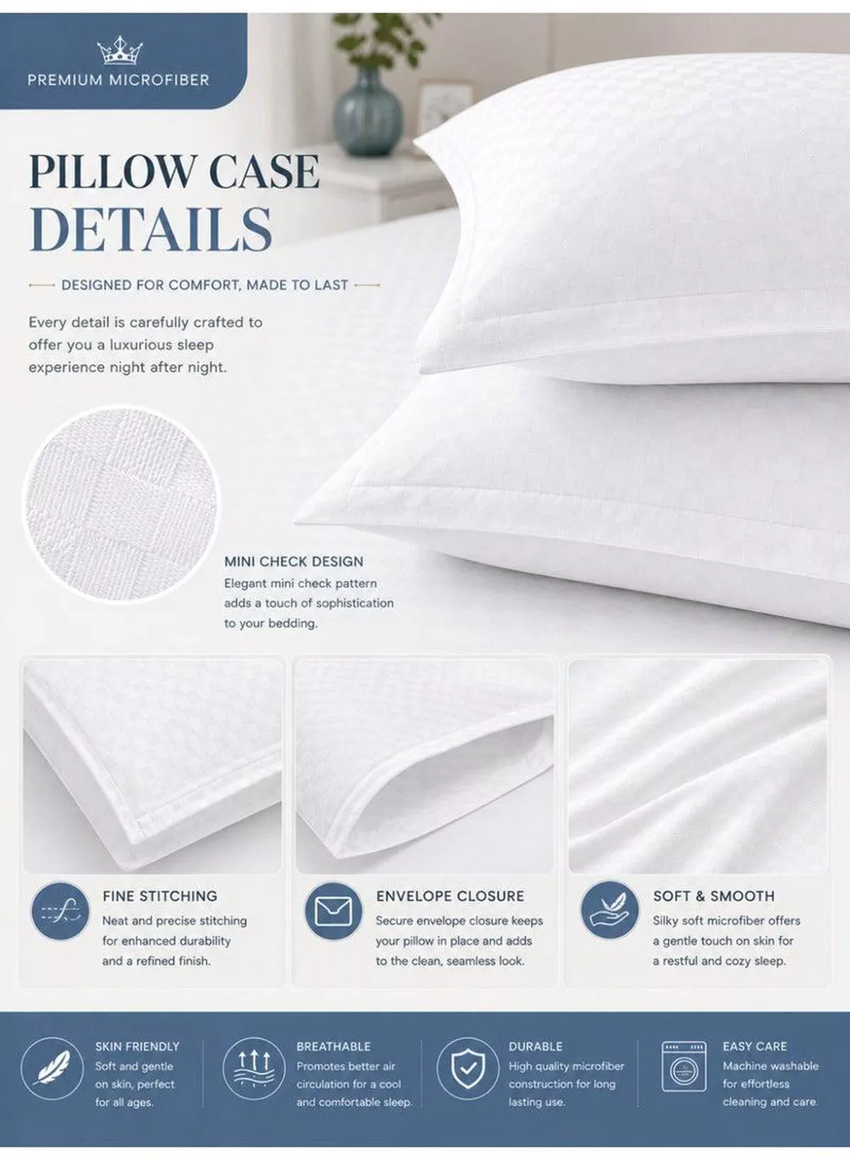 3-Piece Printed Microfiber Fitted Bed Sheet Set – 1 Fitted Sheet & 2 Pillow Covers | Mini Check Print, Soft, Breathable & Hotel Quality Comfort | Available in King, Queen and Single Sizes-5-5
