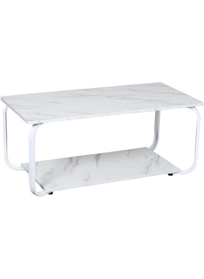 DubaiGallery Elegant White Marble Finish Coffee Table with Lower Storage Shelf, Durable Metal Legs, Contemporary Rectangular Center Table for Living Room, Apartment, Office or Waiting Area-0