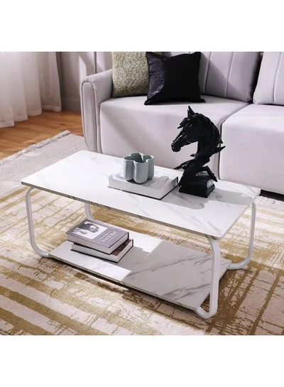 DubaiGallery Elegant White Marble Finish Coffee Table with Lower Storage Shelf, Durable Metal Legs, Contemporary Rectangular Center Table for Living Room, Apartment, Office or Waiting Area-5