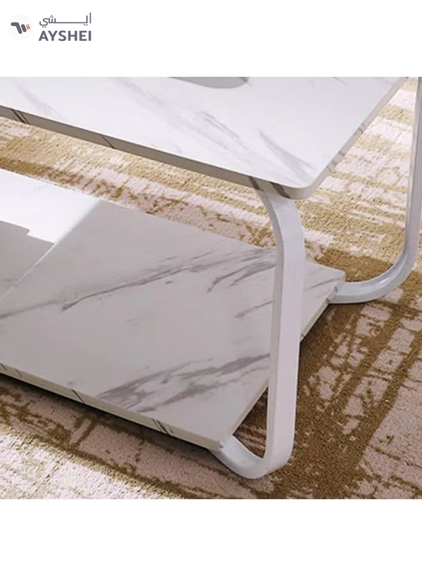 DubaiGallery Elegant White Marble Finish Coffee Table with Lower Storage Shelf, Durable Metal Legs, Contemporary Rectangular Center Table for Living Room, Apartment, Office or Waiting Area